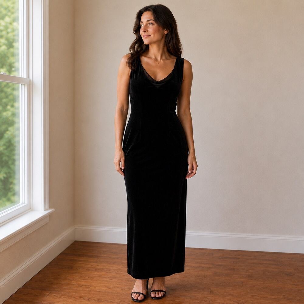 Laura Ashley Sleeveless Maxi V Neck Dress Sz 14 LBD 90's Minimalist Quiet Luxury